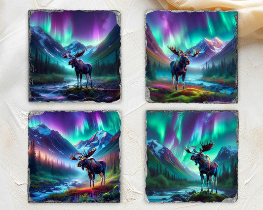 Rustic Slate Coaster Set with Moose Design - Ideal Cabin Gift for Nature Enthusiasts