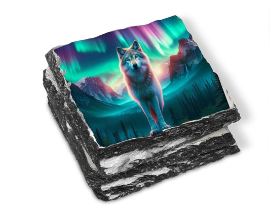 Wolf Northern Lights Rustic Slate Coaster Set with Rack
