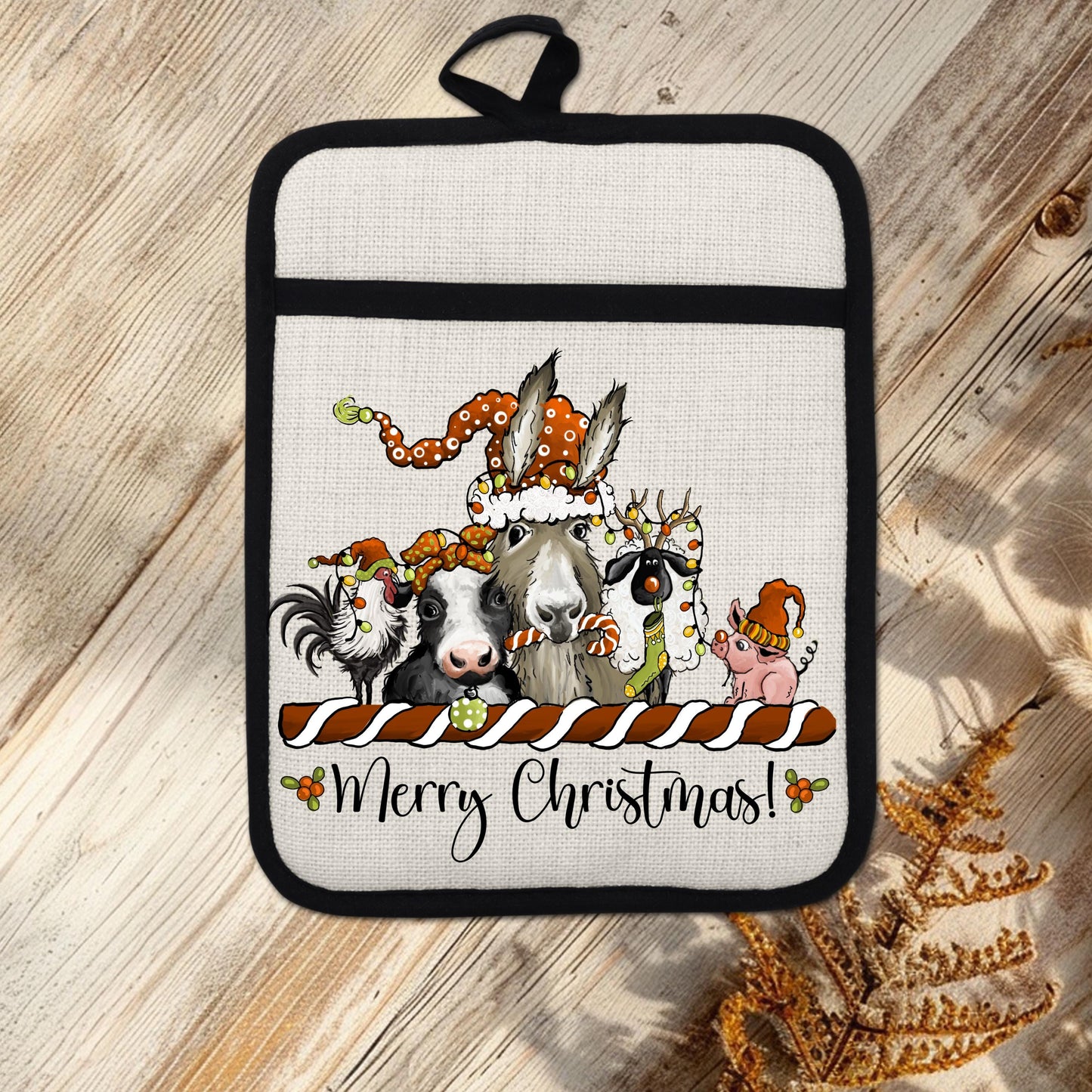 Farm Animal Christmas Pot Holder  Funny Holiday Kitchen Decor with Chicken Cow Llama Pig  Sheep Design