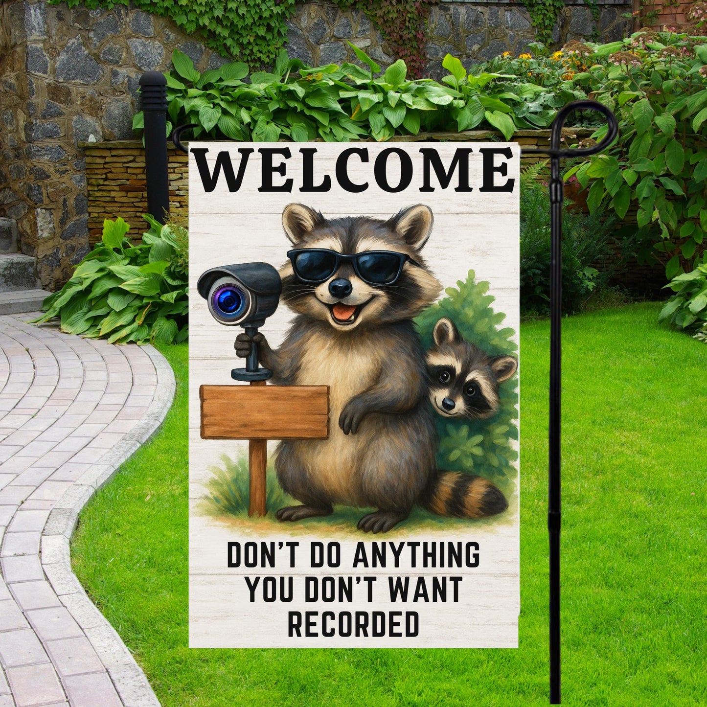 Funny Raccoon Garden Flag – Security Camera Porch Decor | Welcome Yard Banner - displayed in garden