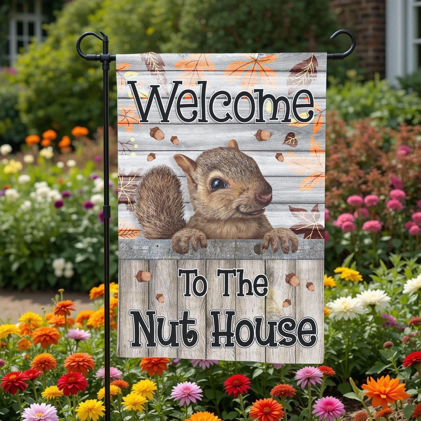 Fall Garden Flag – Welcome To The Nut House Squirrel Double-Sided Outdoor Decor - front and back