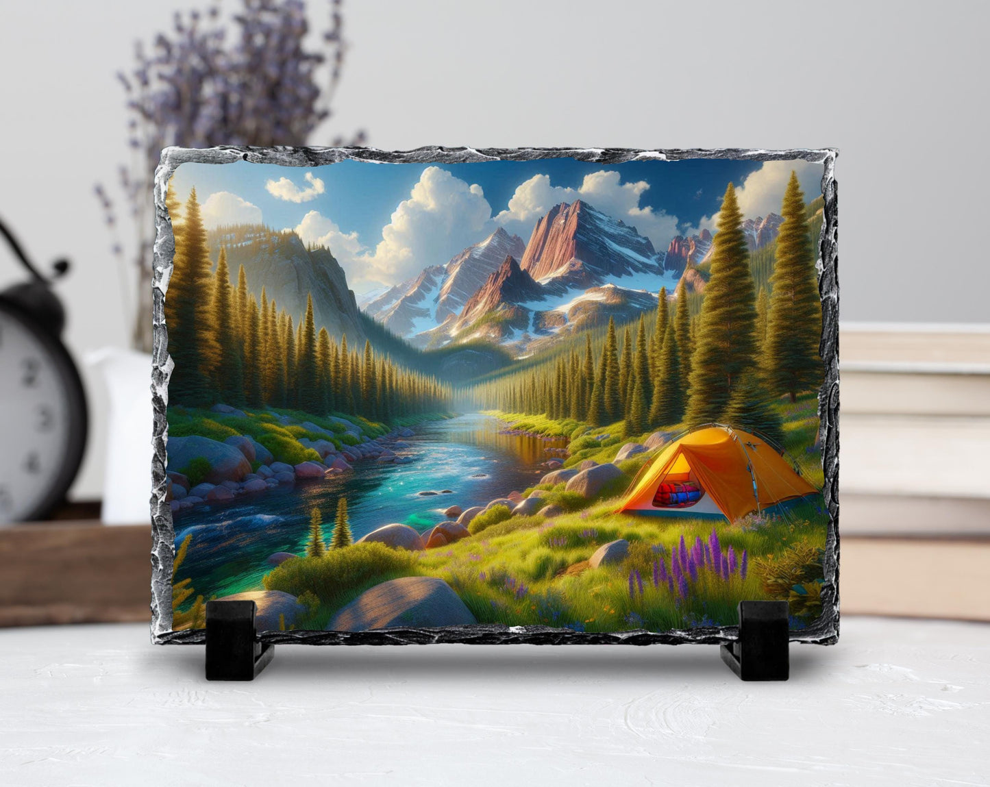 Mountain Camping Plaque - Rustic Slate Art With River And Tent Artwork