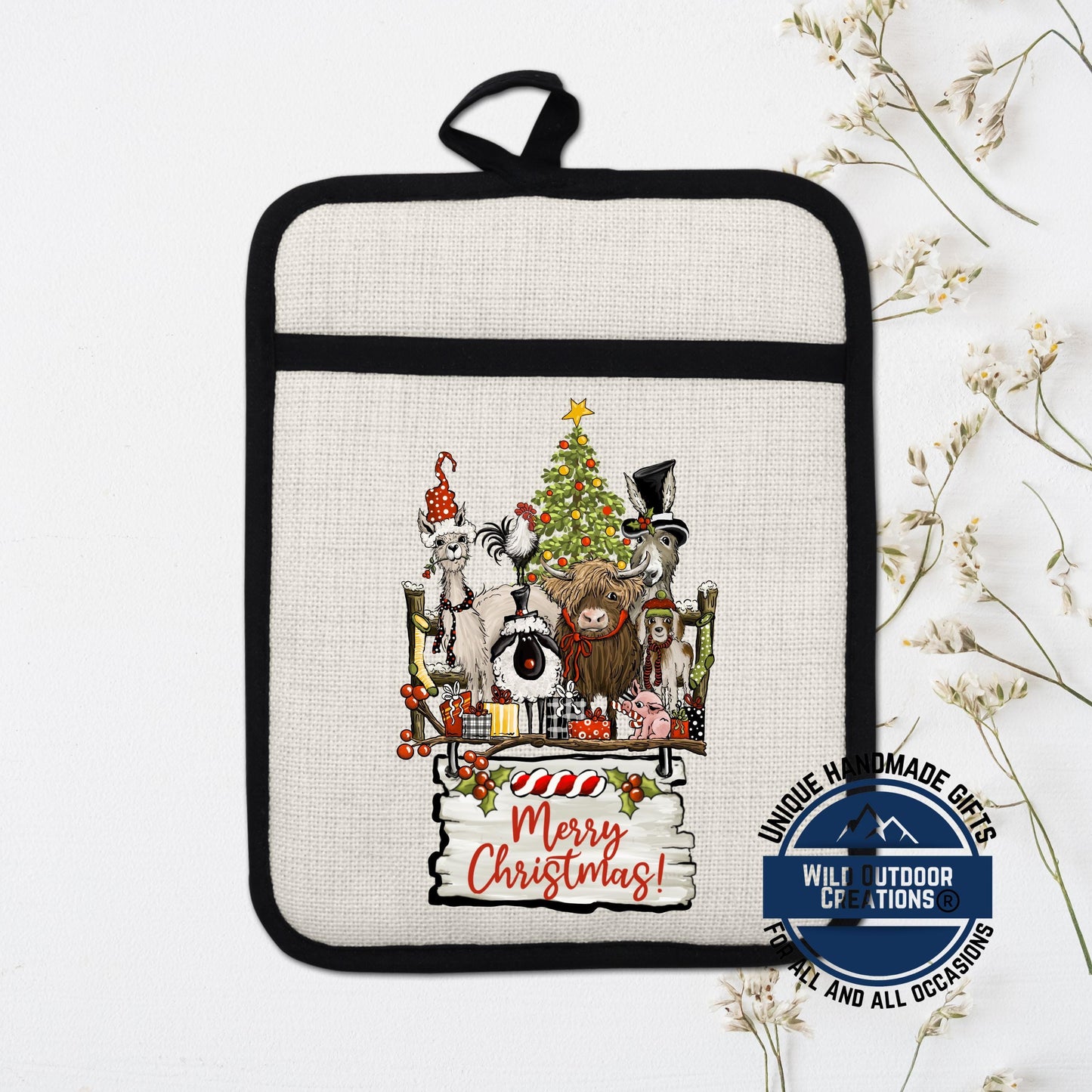 Farmhouse Pot Holder Linen Hot Pad Highland Cow Llama Christmas Kitchen Gift Decor
