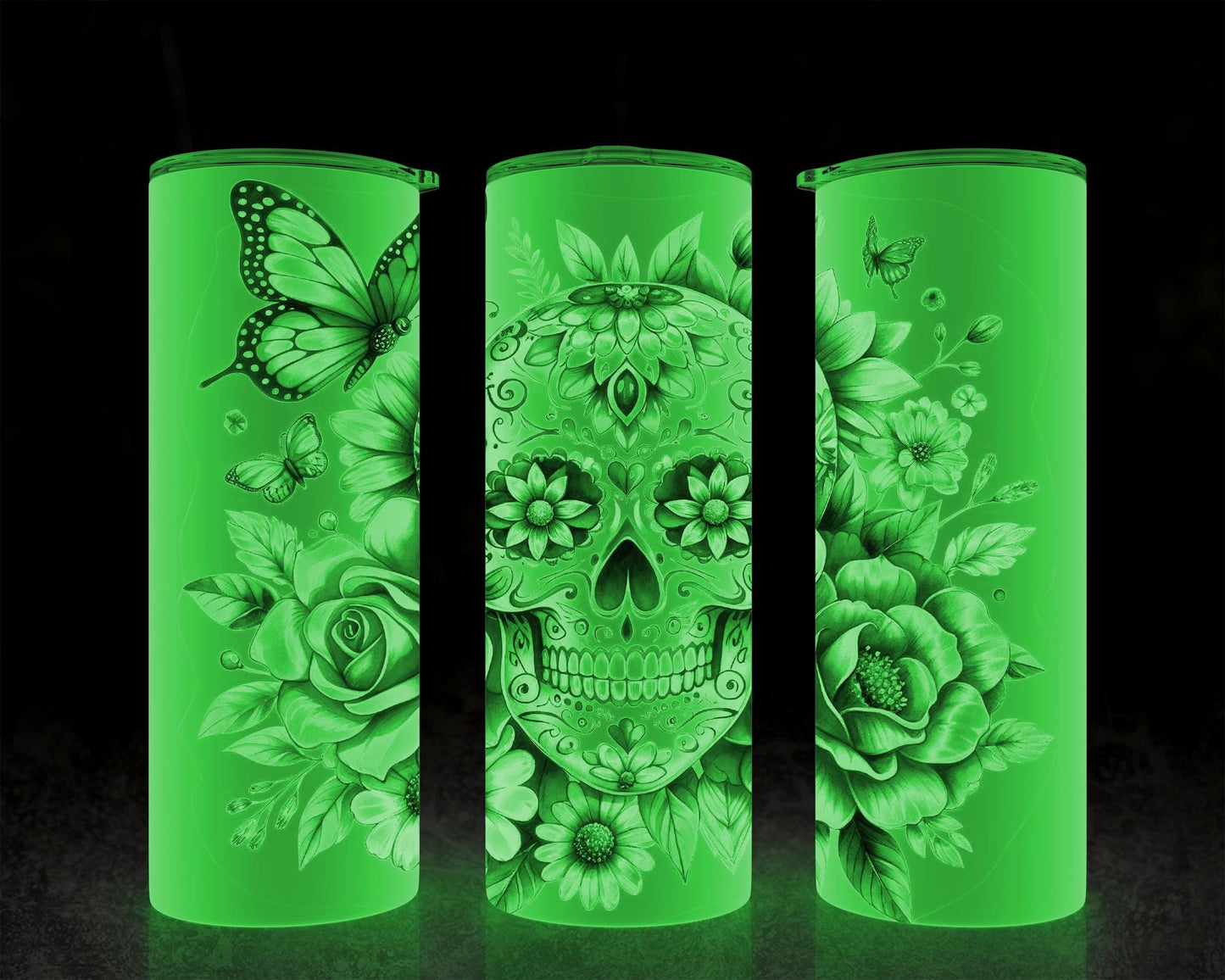 Glow In The Dark Sugar Skull Tumbler, Unique Gift for Spooky Chic