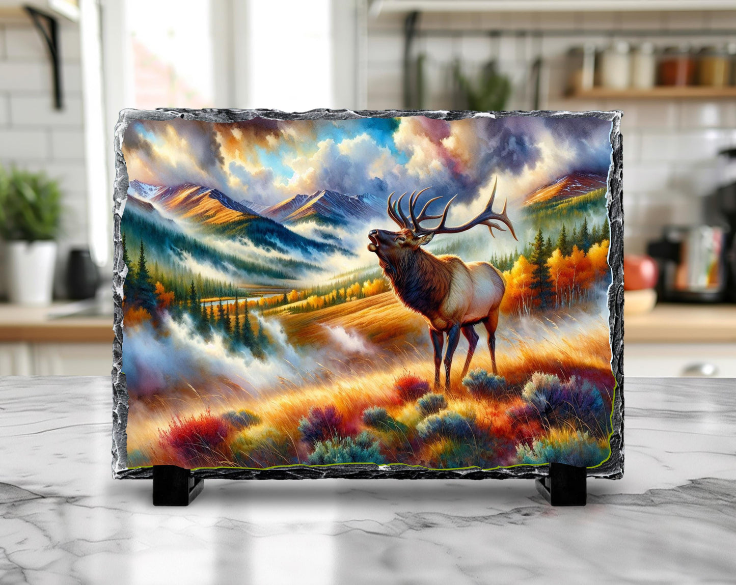 Bugling Elk Slate Plaque - Autumn Mountain Scene Wildlife Art for Rustic Cabin Decor