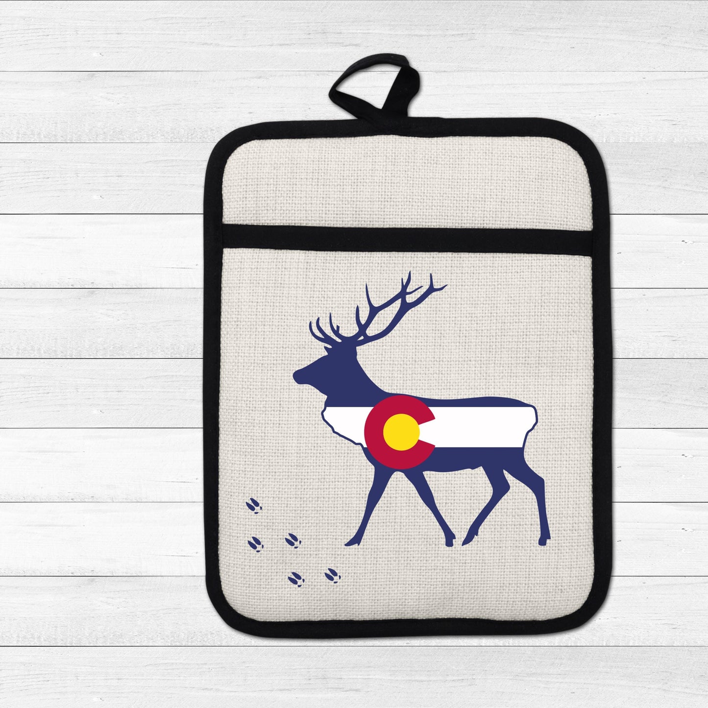 Elk Pot Holder - Colorado Linen With Silicone Back, Heat Resistant Trivet 9x7 Inches