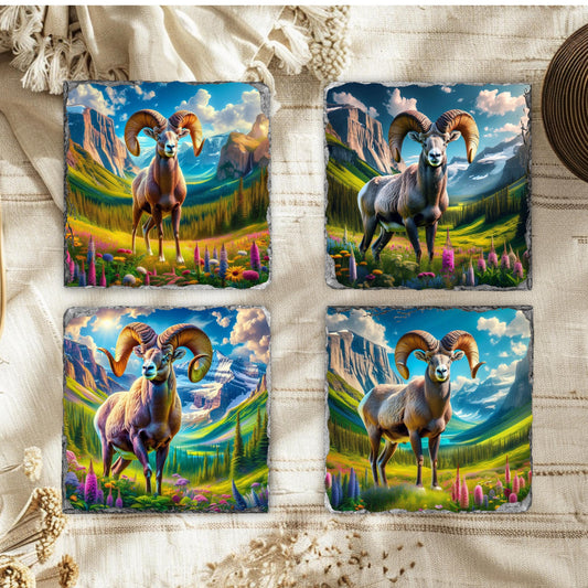Slate Coaster Set Featuring Big Horn Sheep Mountain Valley and Wildflowers with Black Rack - Ideal Nature Gift