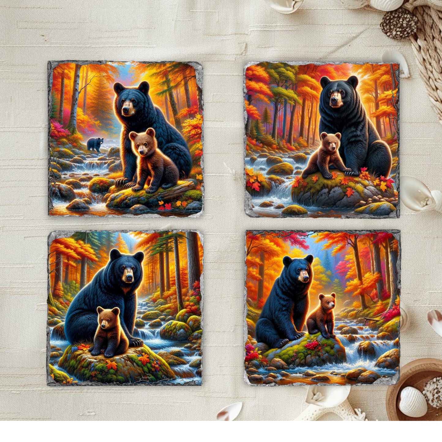 Fractured Edge Slate Coaster Set with Bear and Cub Fall River Scene - Ideal Gift for Nature Lovers