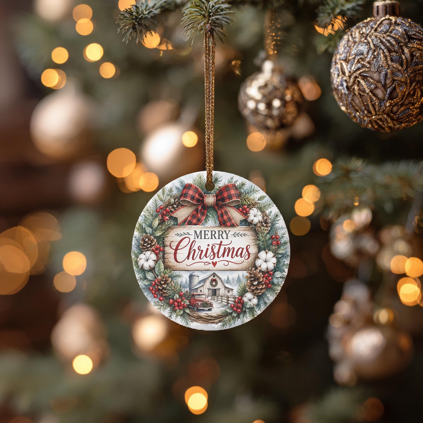 Ceramic Christmas Ornament, Farmhouse Wreath Scene, 3 Inch, Ribbon