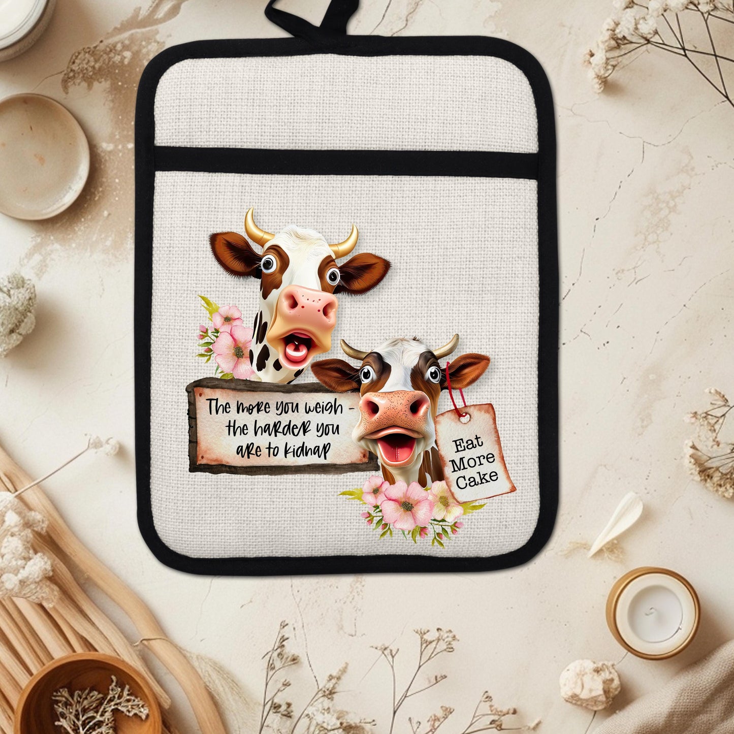 Funny Cow Pot Holder with Floral Design  Cake Quote - Charming Farmhouse Kitchen Gift