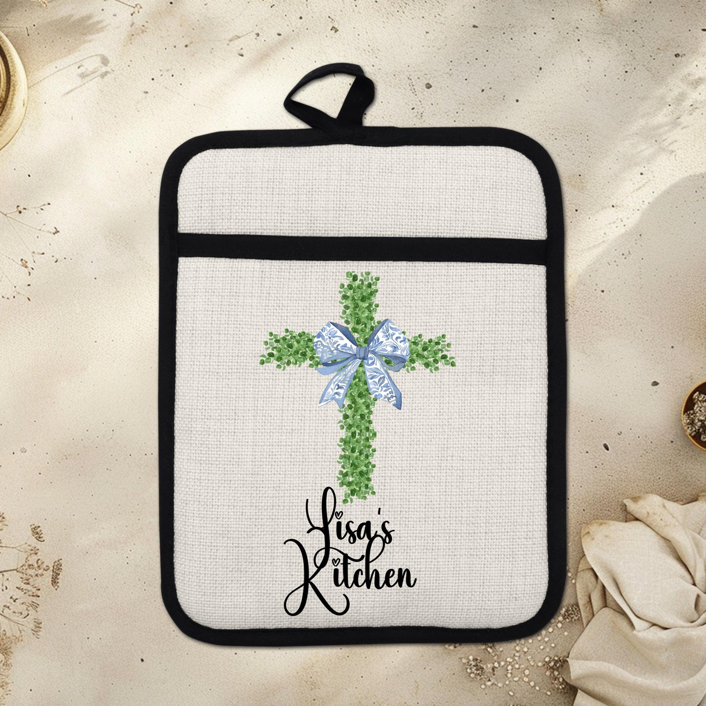 Personalized Christian Pot Holder - Custom Name Floral Cross Kitchen Gift - lifestyle view