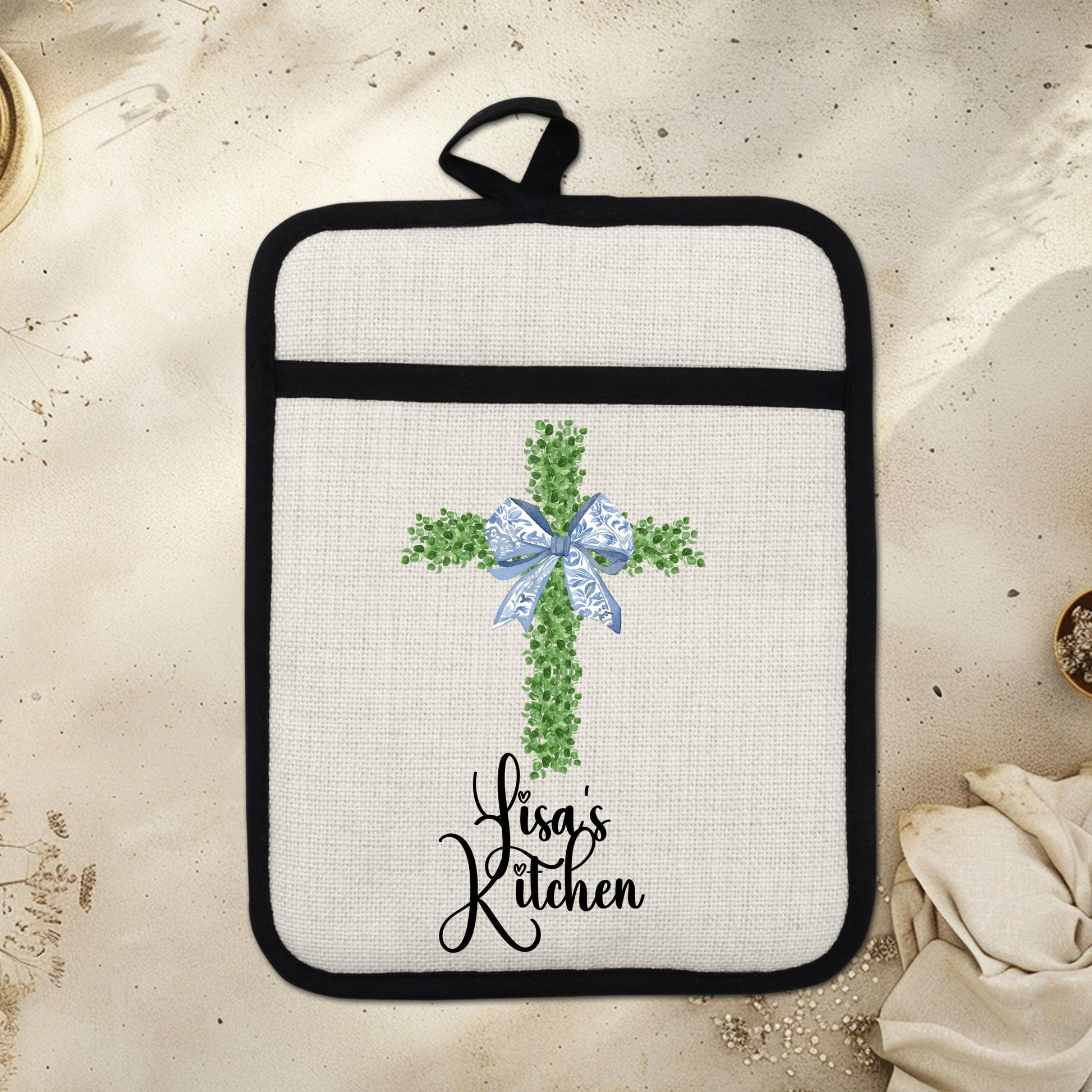Personalized Christian Pot Holder - Custom Name Floral Cross Kitchen Gift - lifestyle view