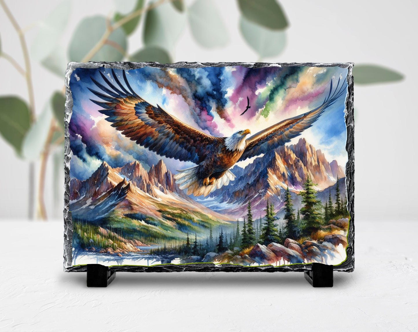 Eagle Slate Art Plaque - Soaring Over Mountain Valley Rustic Wildlife Decor on Fractured Stone