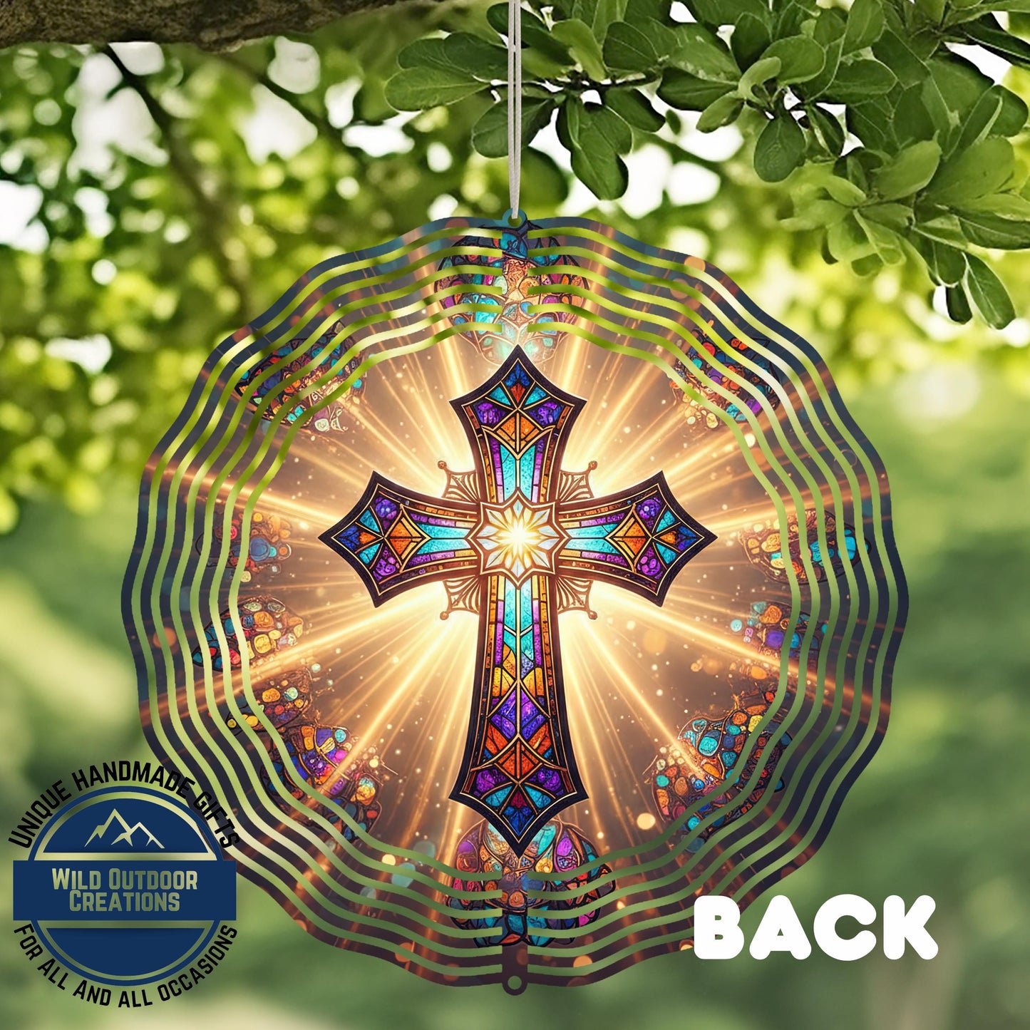 Faux Stained Glass Cross - Double Sided Spinner | Outdoor Wind Spinner with UV Protected Colors