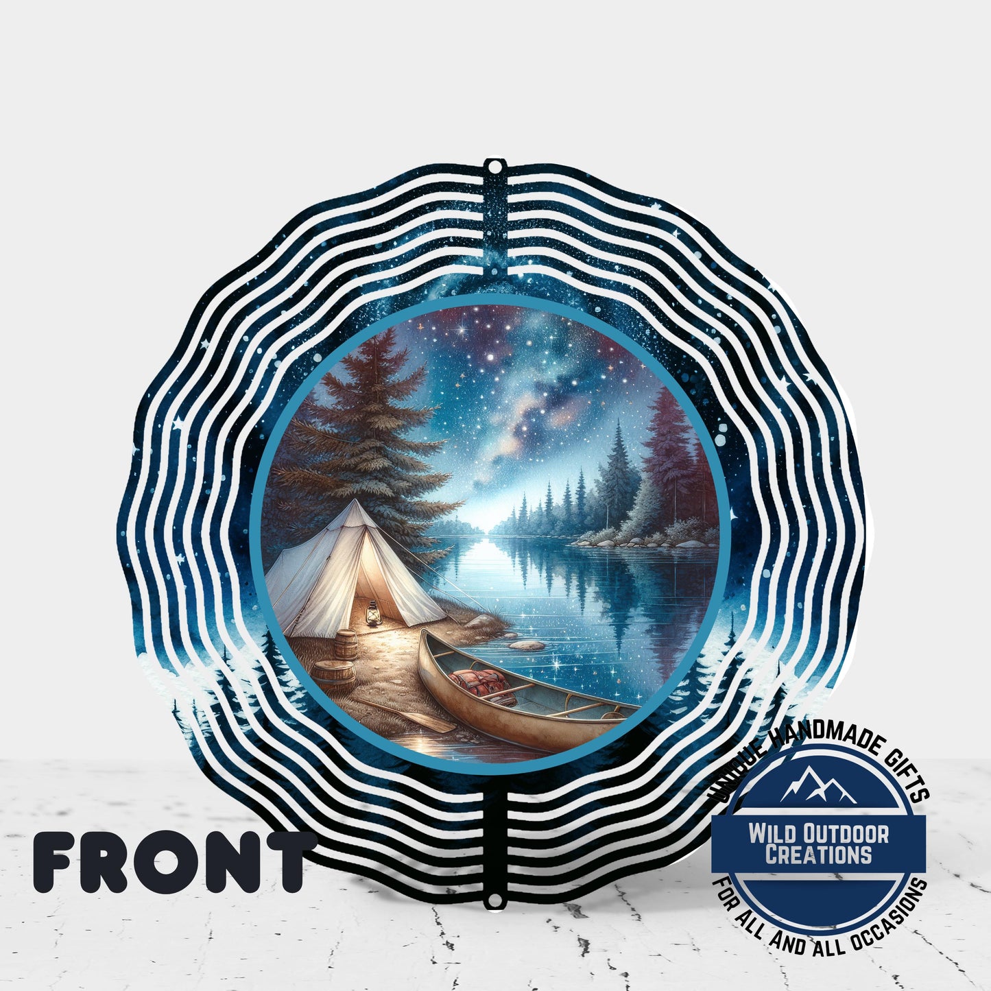 Camping Wind Spinner - Double Sided River Scene, 10 Inch Aluminum Garden Art