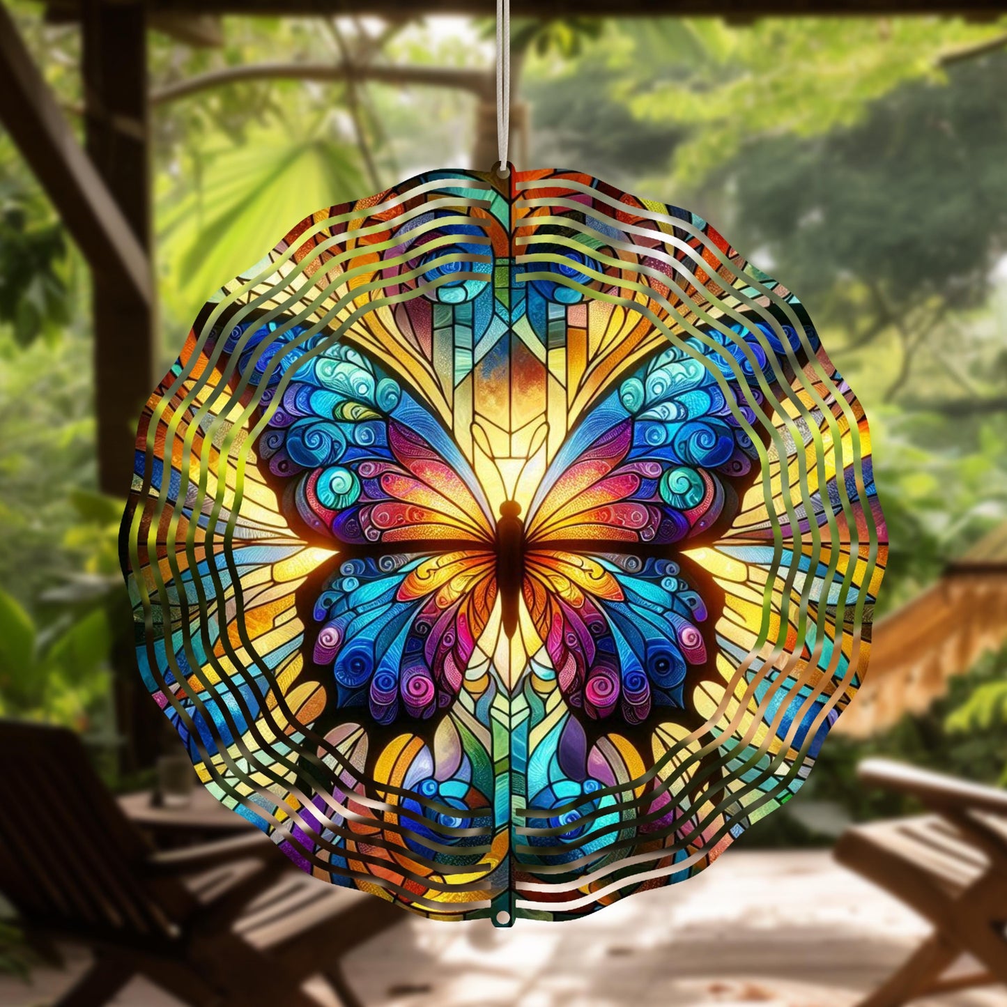 Butterfly Wind Spinner with Vibrant Stained Glass Effect - UV Protected Garden Decor