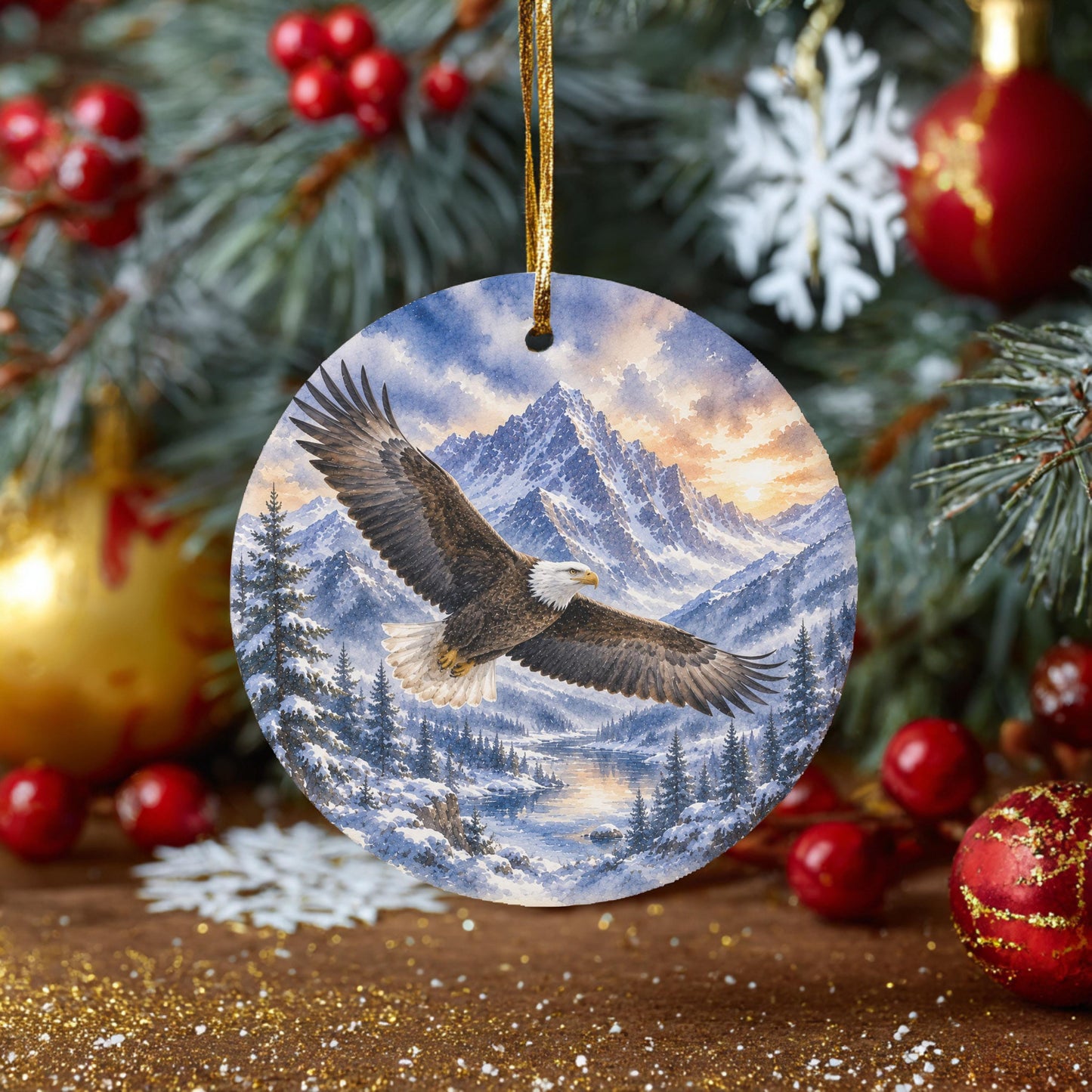 Bald Eagle Ornament, Watercolor Mountains, 3 Inch Ceramic Round