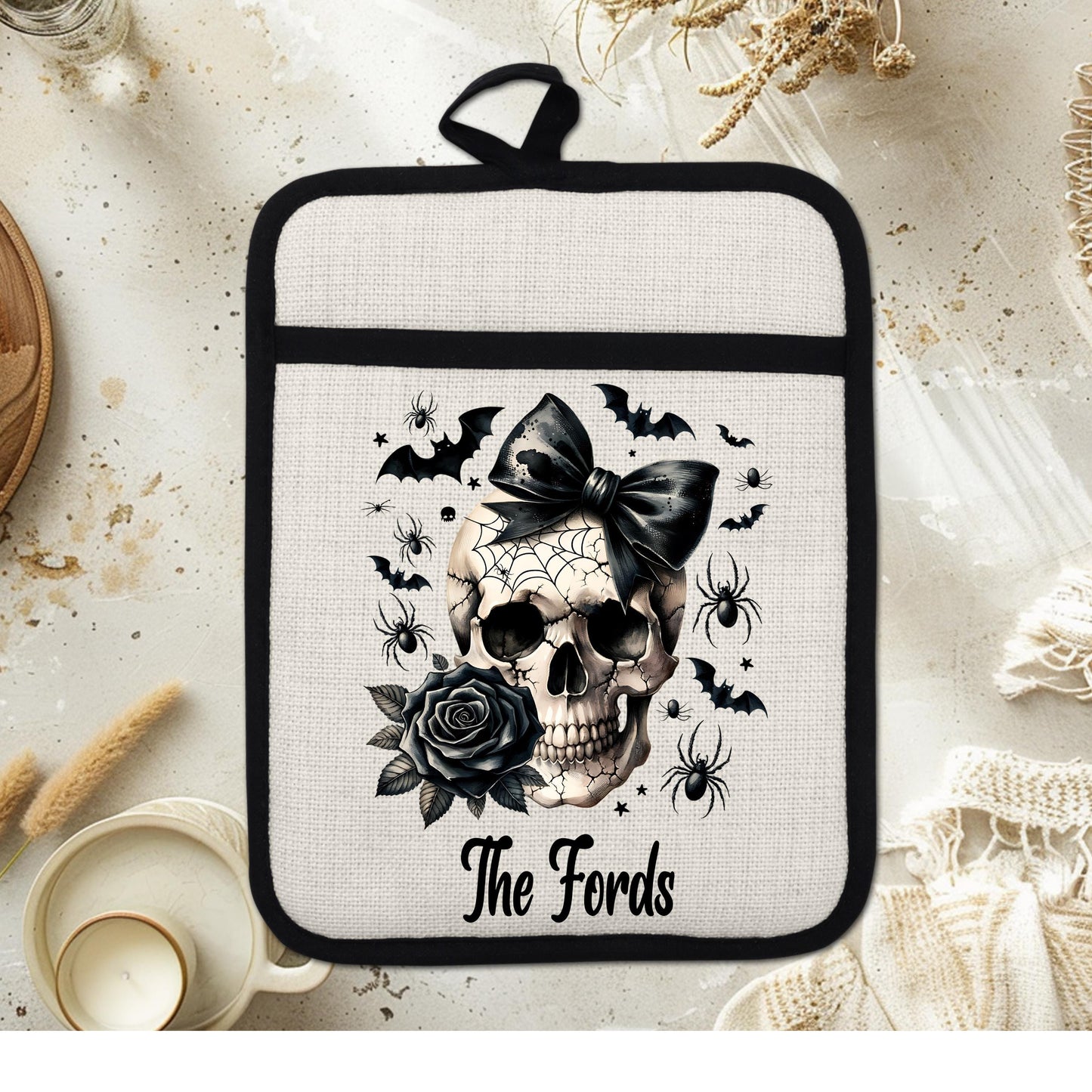 Personalized Skull Pot Holder, Gothic Halloween Decor, Goth Kitchen Gift, Witchy Kitchen
