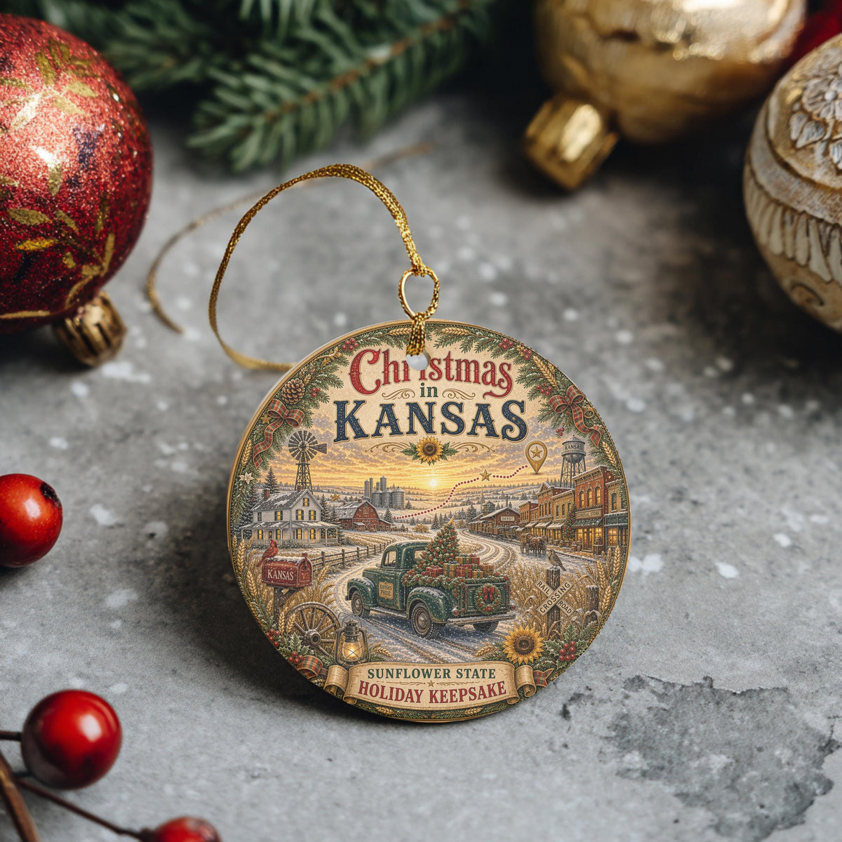 Kansas Christmas Ornament | Vintage Green Truck Ceramic Keepsake, 3 Inch