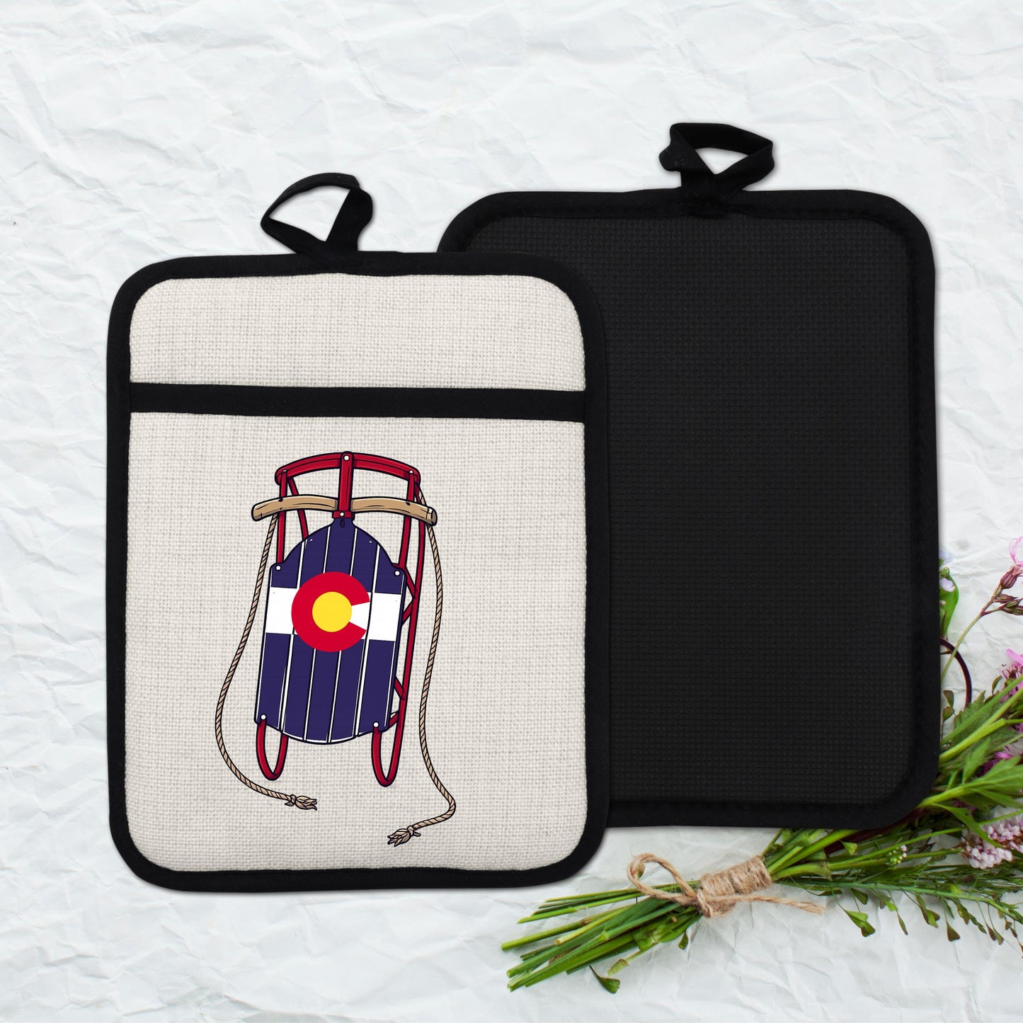 Colorado Sled Pot Holder - Linen Pot Holder with Silicone Back Trivet, Heat Resistant Oven Mitt