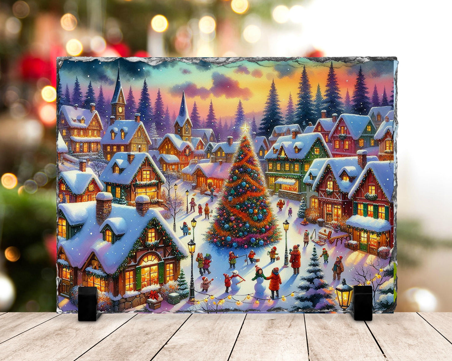 Vintage Christmas Village Slate with Winter Scene and Tree Children  Rustic Holiday Gift