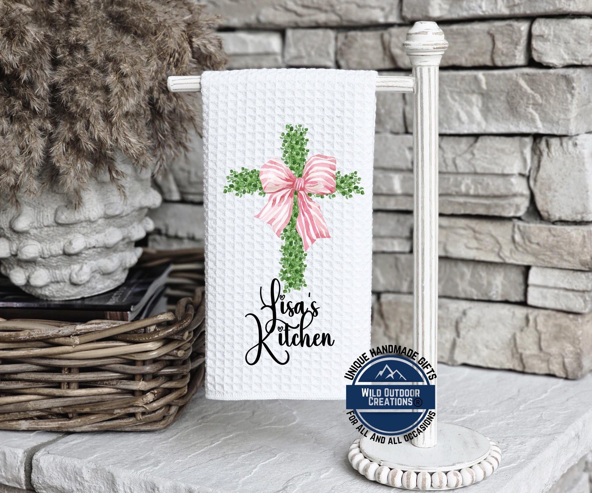 Personalized Kitchen Towel - Custom Name Cross Design with Pink Bow | Easter Gift - alternate view