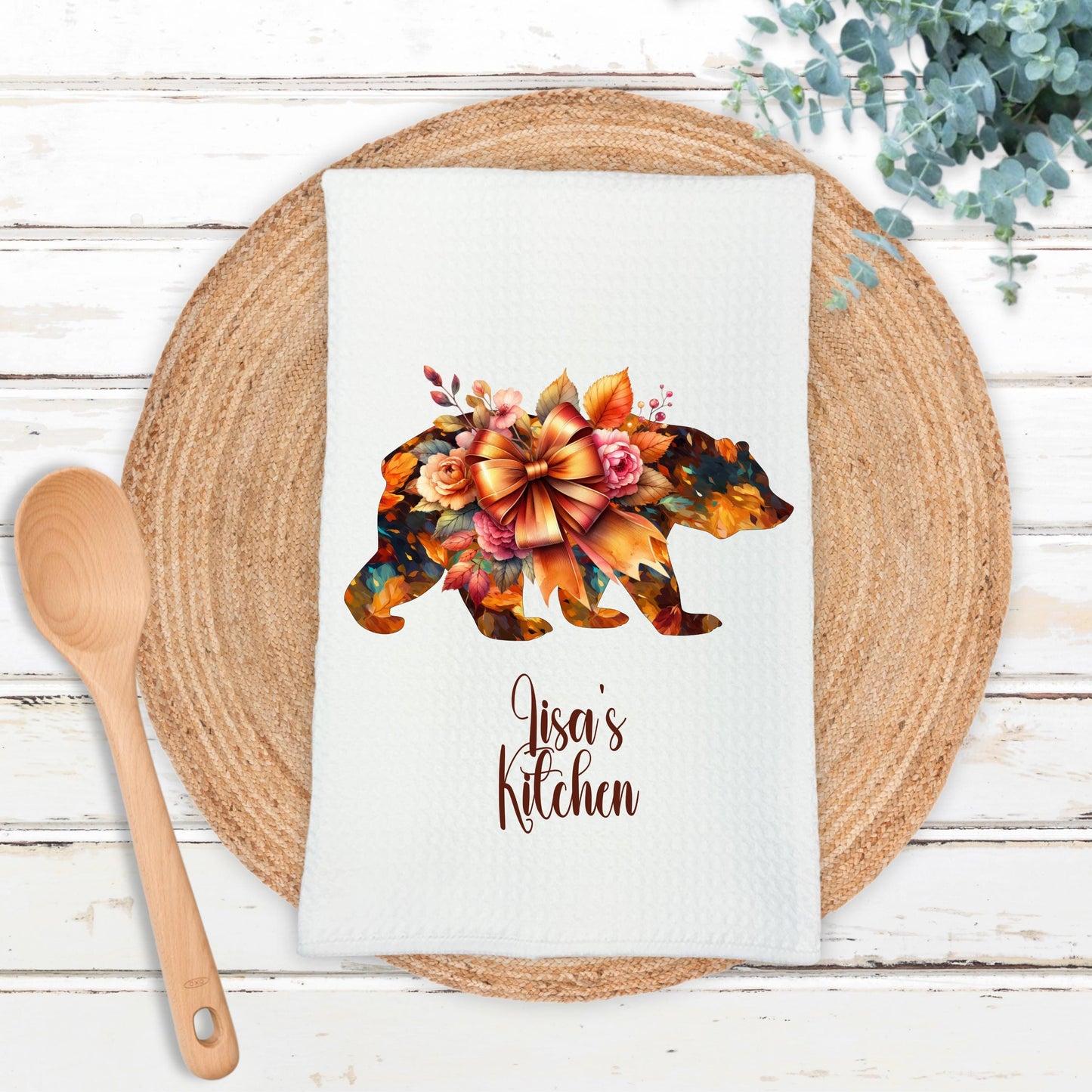 Personalized Autumn Bear Kitchen Towel - Waffle Weave Fall Decor