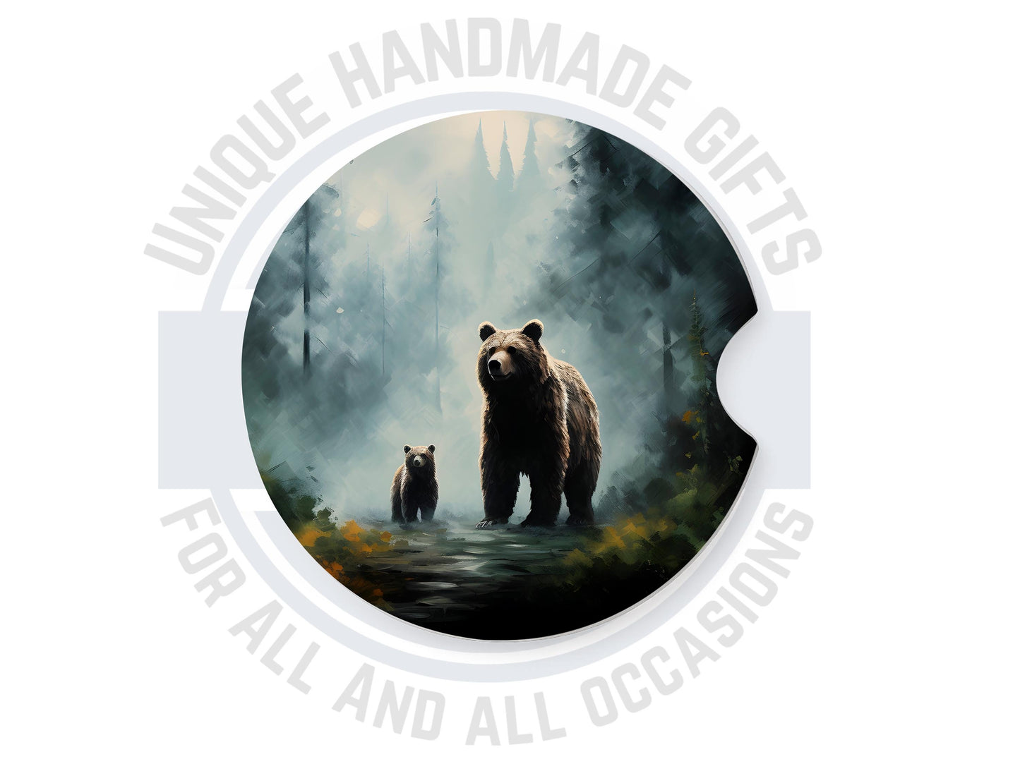 Bear & Cub Ceramic Car Coaster, Nature Inspired Unique Gift, Set Options
