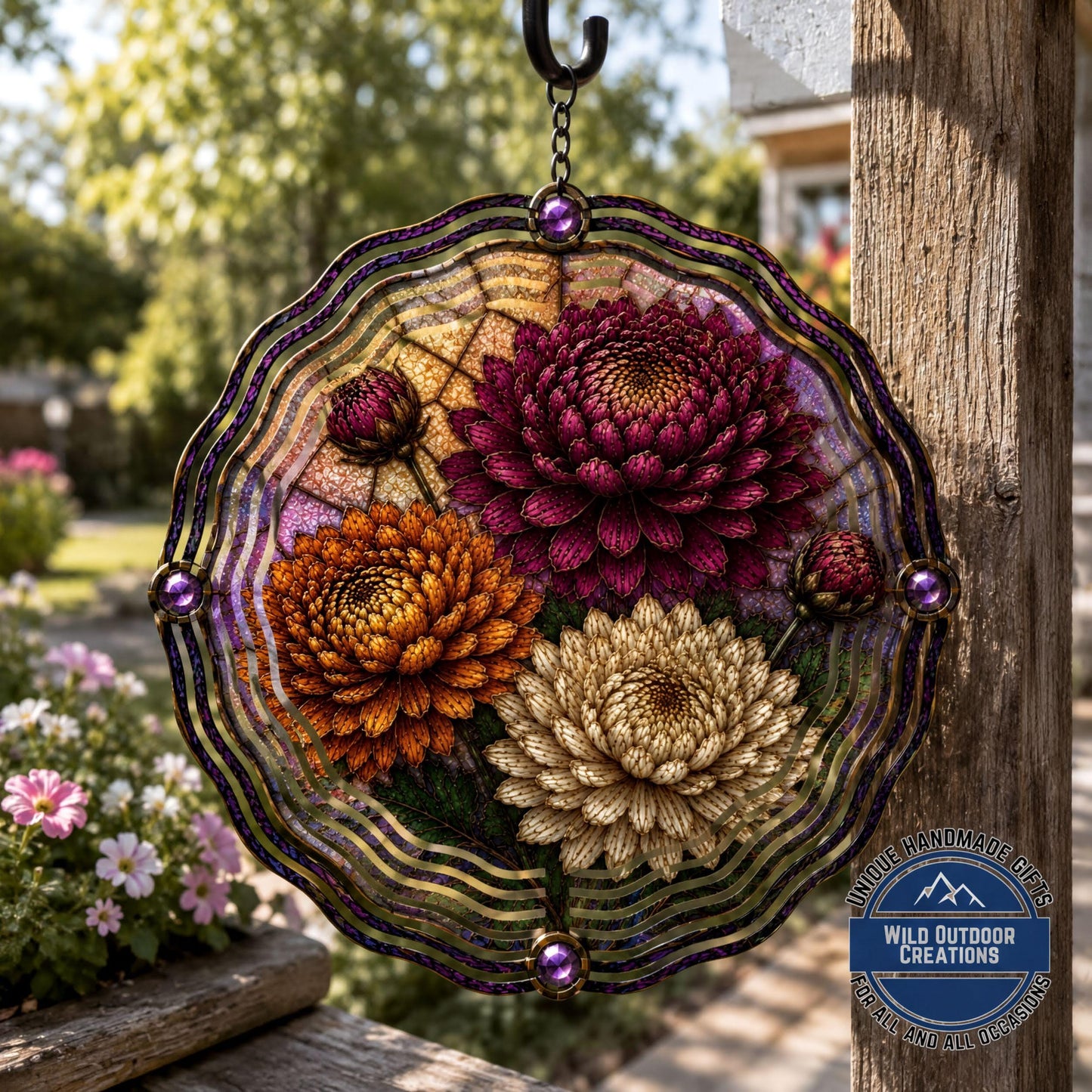 November Birth Flower Wind Spinner Chrysanthemum Faux Stained Glass Garden Gift Yard Art