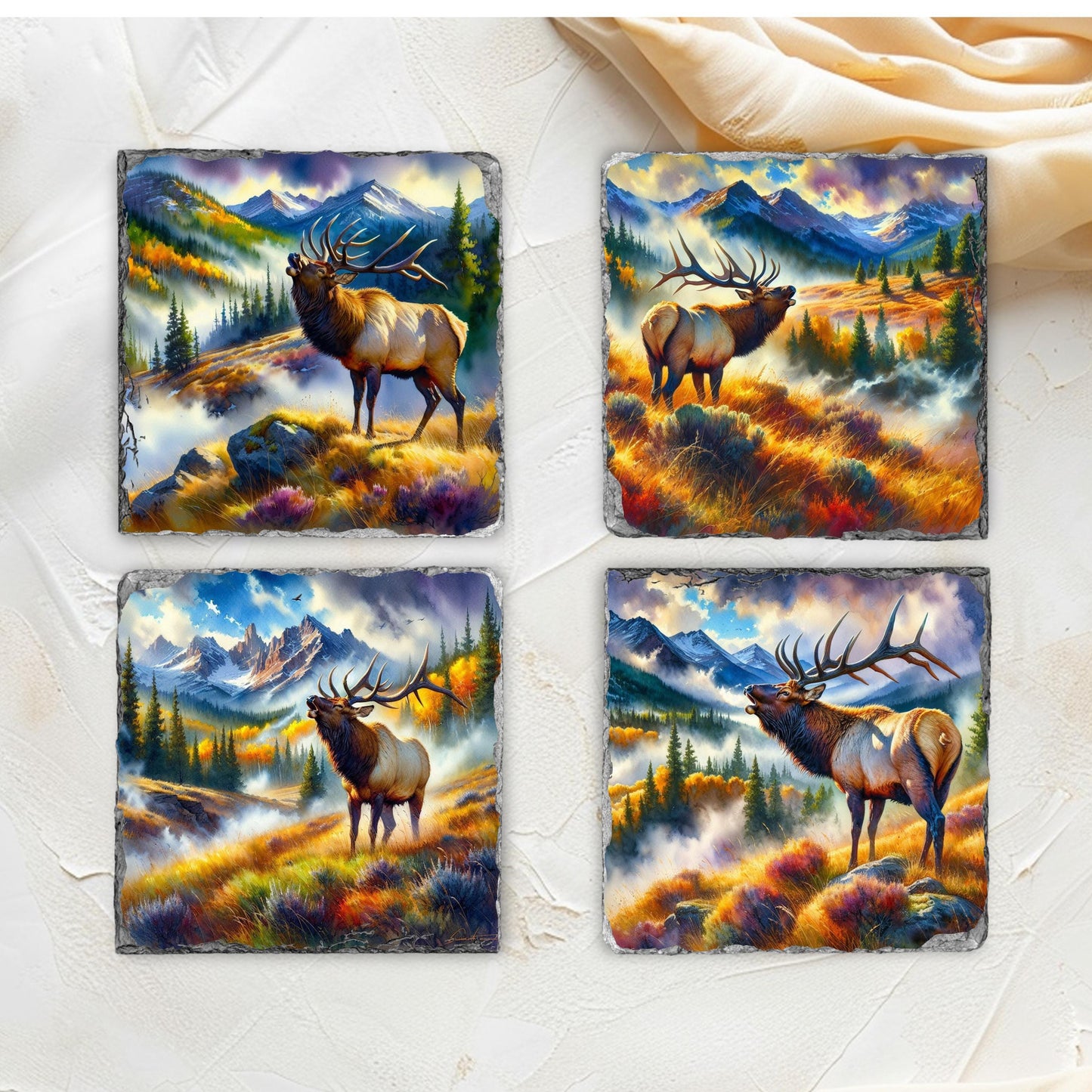 Elk Mountain Scene Slate Coaster Set with Watercolor Effect  Fractured Edges  Perfect Gift for Nature Lovers