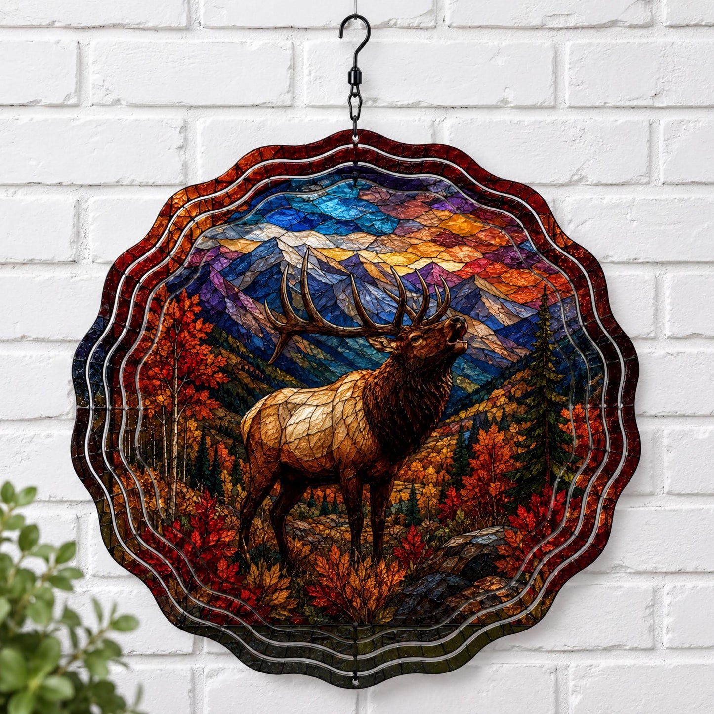 Elk Faux Stained Glass Wind Spinner Fall Mountain Wildlife Garden Decor