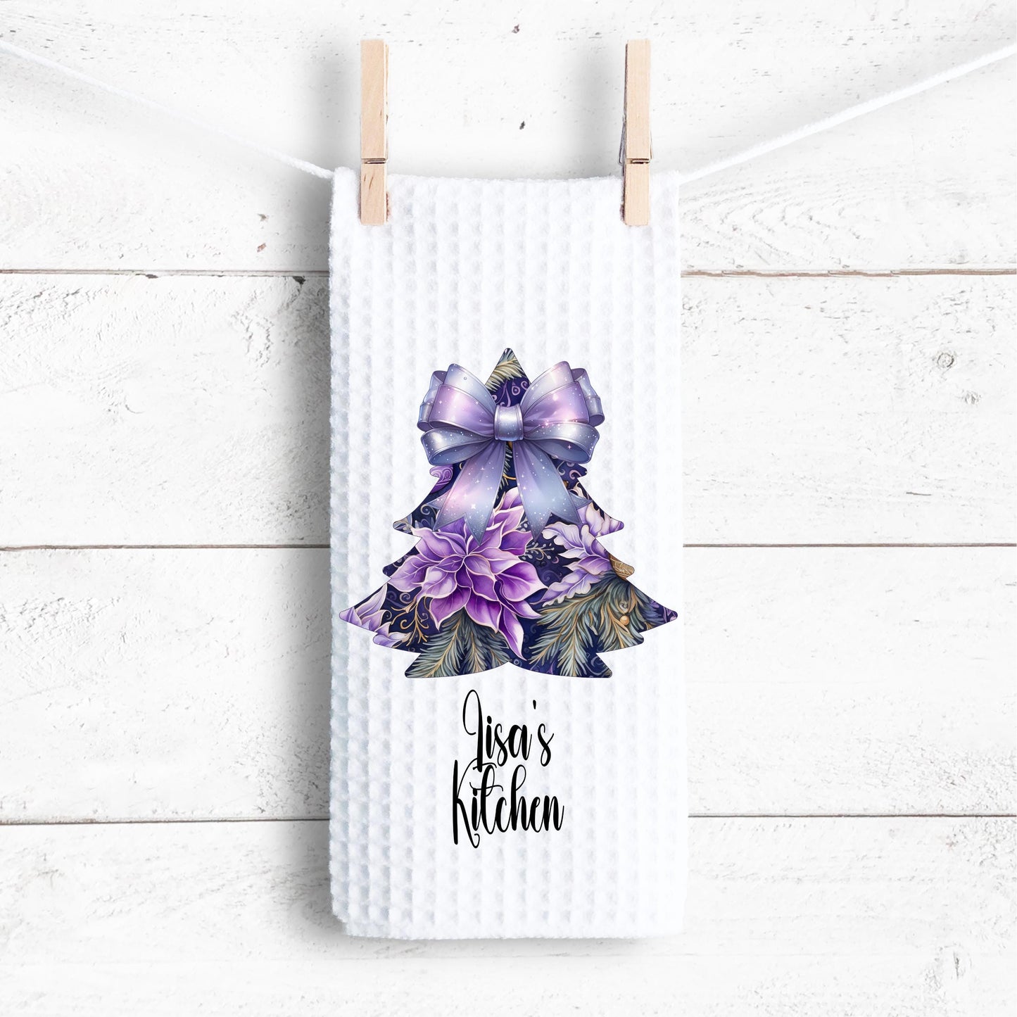 Personalized Purple Christmas Tree Kitchen Towel - Waffle Weave Holiday Decor