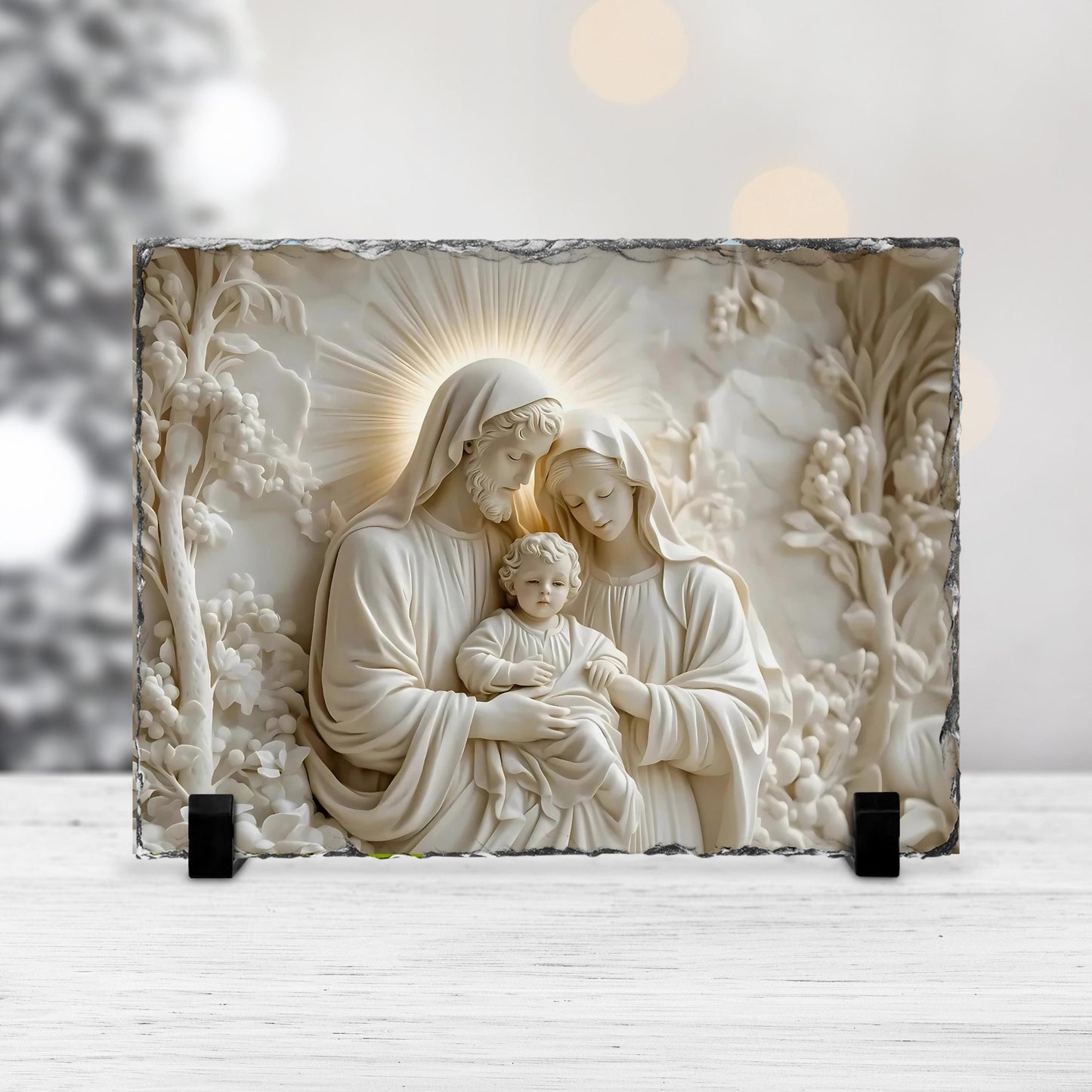 3D Slate Plaque of Joseph Jesus  Mary - Fractured Edges Decorative Religious Art