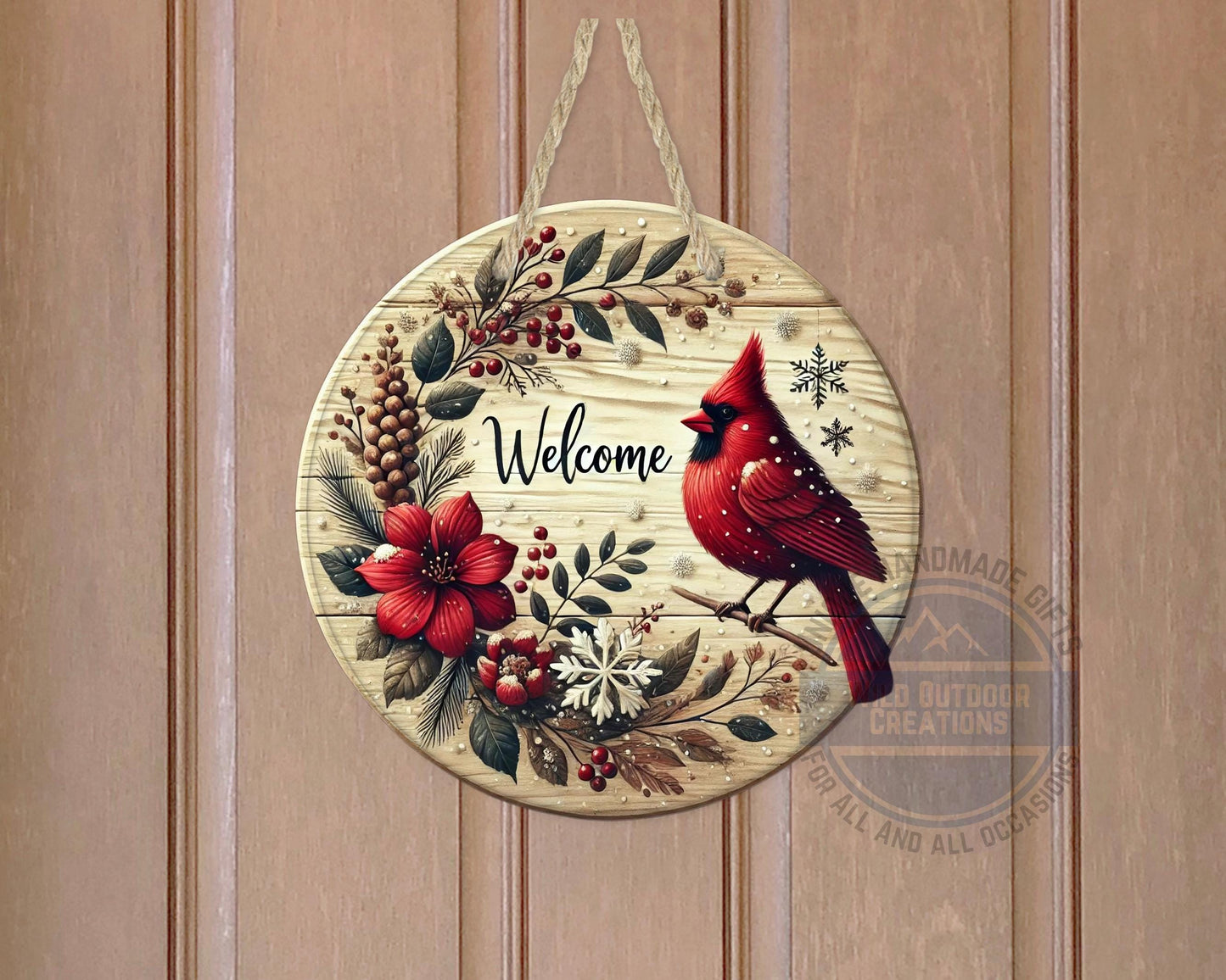 Cardinal Door Hanger - Winter Floral Wreath | Lightweight Aluminum Holiday Porch Sign