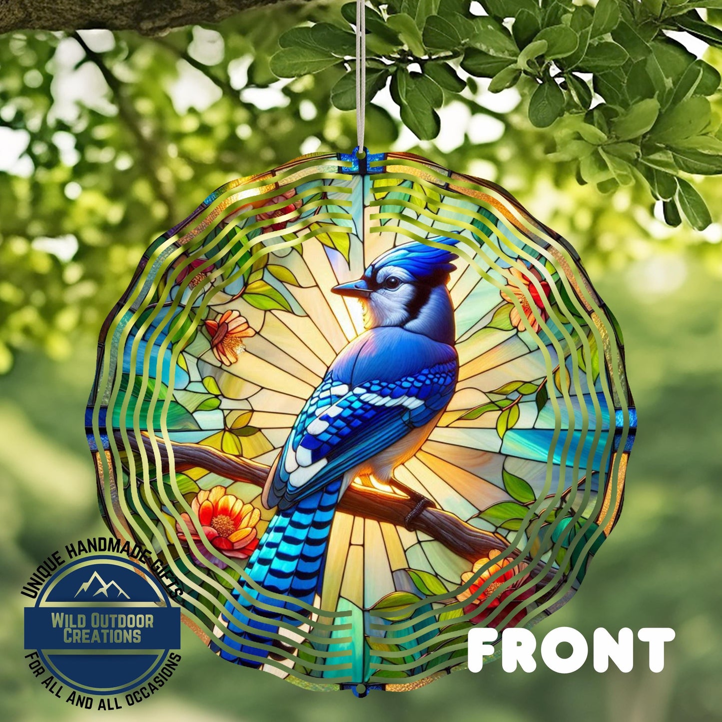 Blue Jay Wind Spinner – 10 Inch Aluminum Garden Spinner with Faux Stained Glass Decor