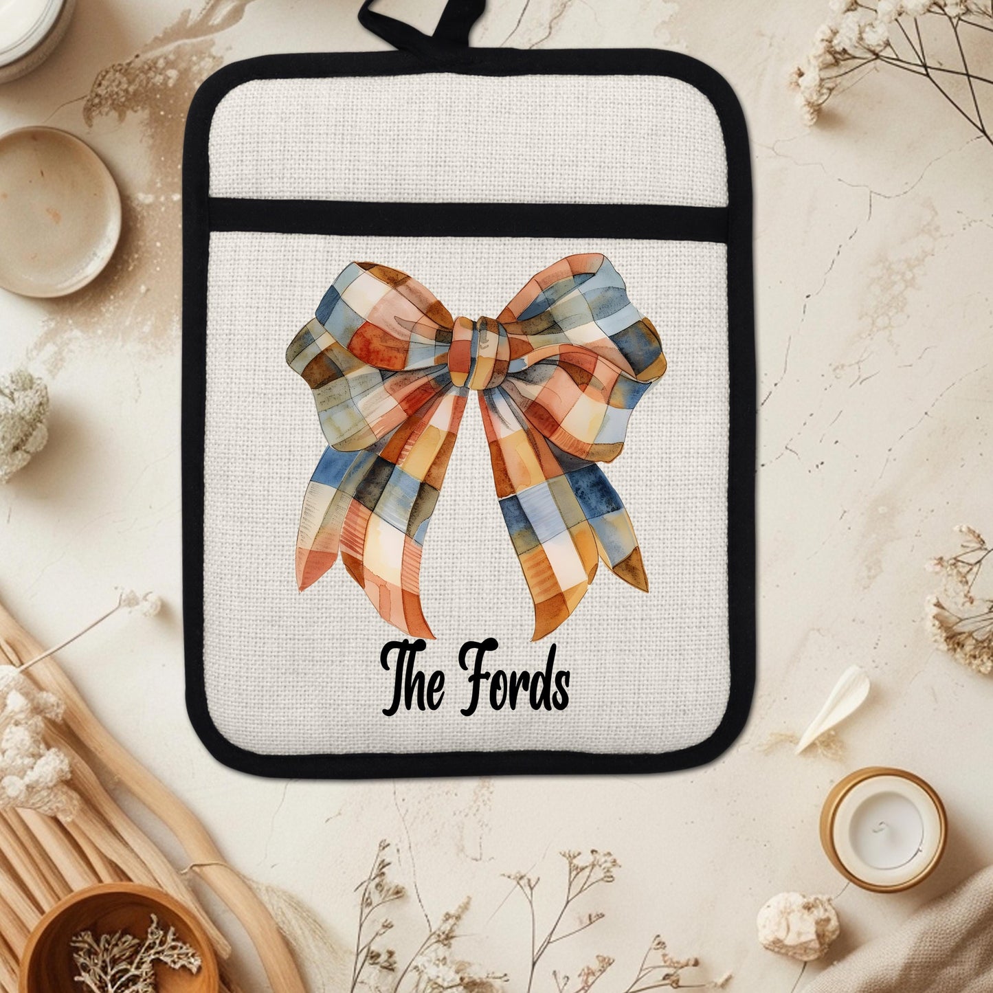Custom Fall Gingham Pot Holder, Unique Hostess Gift, Personalized Thanksgiving Hot Pad, Seasonal Decor, Autumn Kitchen, Linen Hot Pad