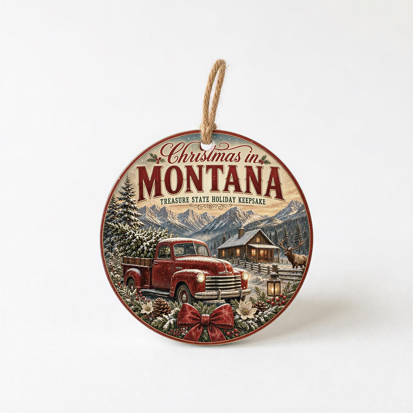 Montana Christmas Ornament, Rustic Cabin Scene | Ceramic, 3 Inch