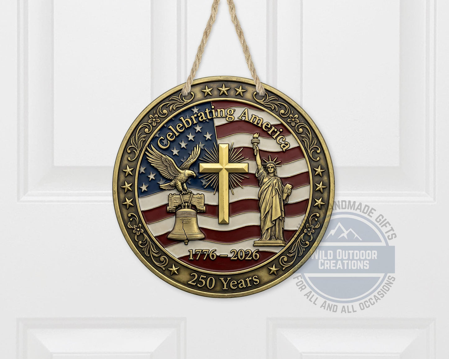 Patriotic Door Decor - America 250 Years Aluminum Door Sign 10" USA Hanger