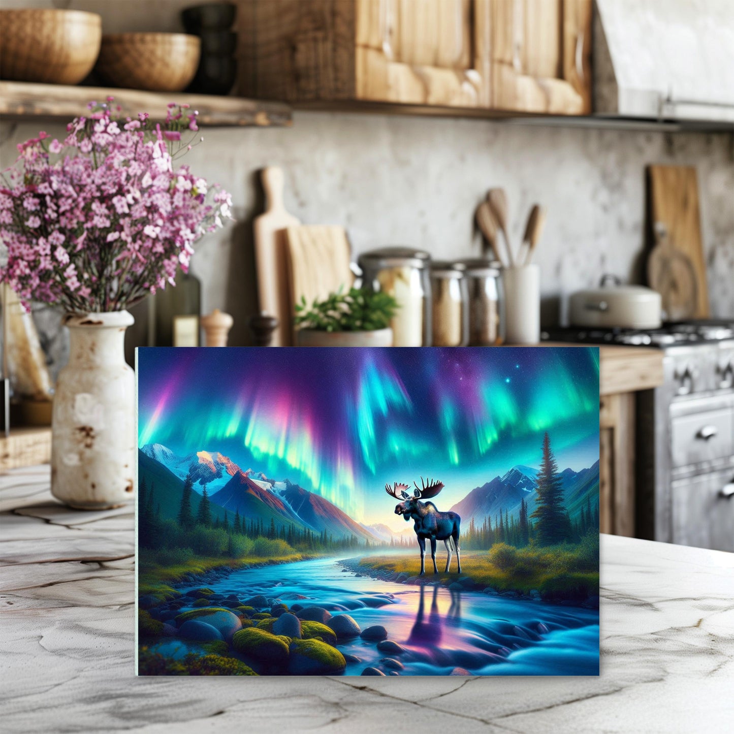 Northern Lights Moose River Glass Cutting Board, Outdoor Lover Gift, Hostess Housewarming Gift, Charcuterie Board, Moose Lover Gift