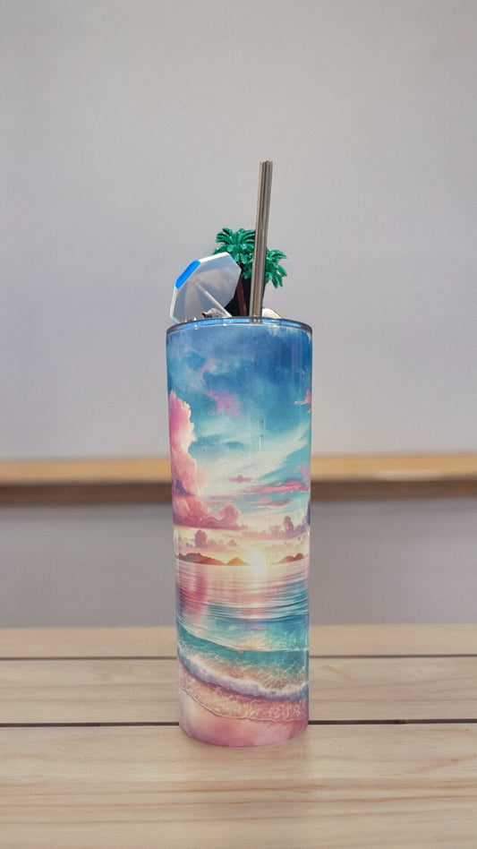 3d Lid Beach Tumbler, Summer Tumbler with Topper, Beach Lover Gift