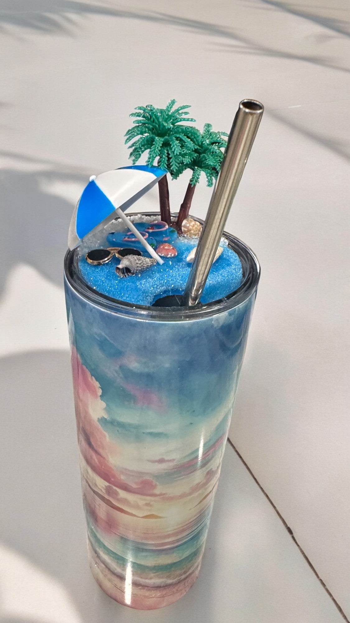 3d Lid Beach Tumbler, Summer Tumbler with Topper, Beach Lover Gift