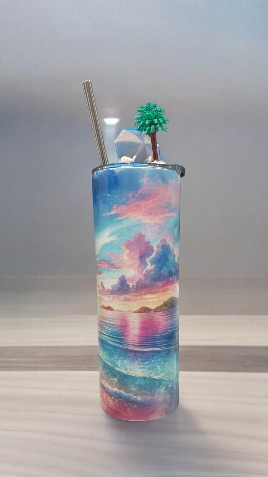 3d Lid Beach Tumbler, Summer Tumbler with Topper, Beach Lover Gift