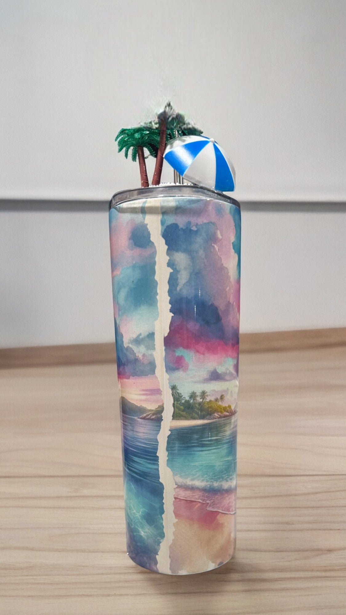 3d Lid Beach Tumbler, Summer Tumbler with Topper, Beach Lover Gift