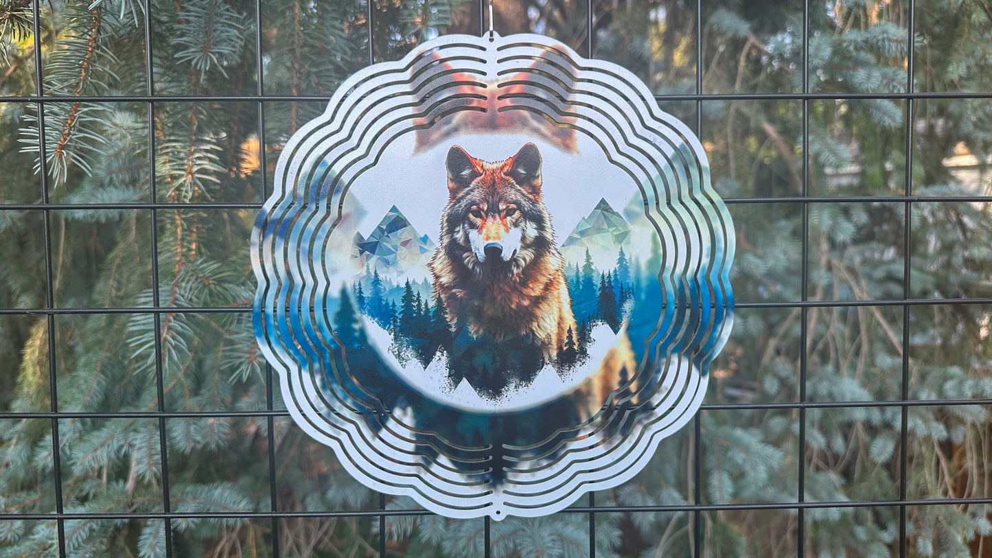 Wolf In The Mountains Wind Spinner, 10'in 3D Wind Spinner