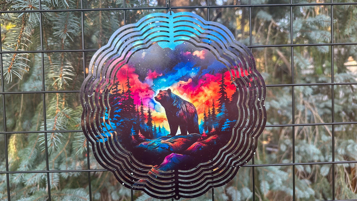 Bear In the Forest With Northern Lights Wind Spinner, 10' In 3D Wind Spinner