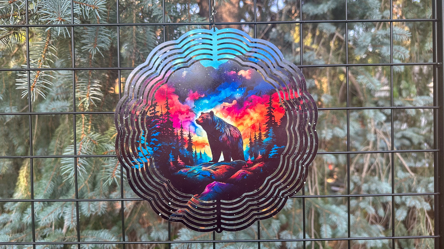 Bear In the Forest With Northern Lights Wind Spinner, 10' In 3D Wind Spinner