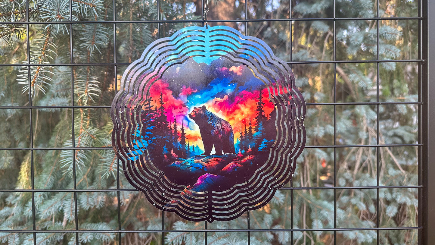 Bear In the Forest With Northern Lights Wind Spinner, 10' In 3D Wind Spinner