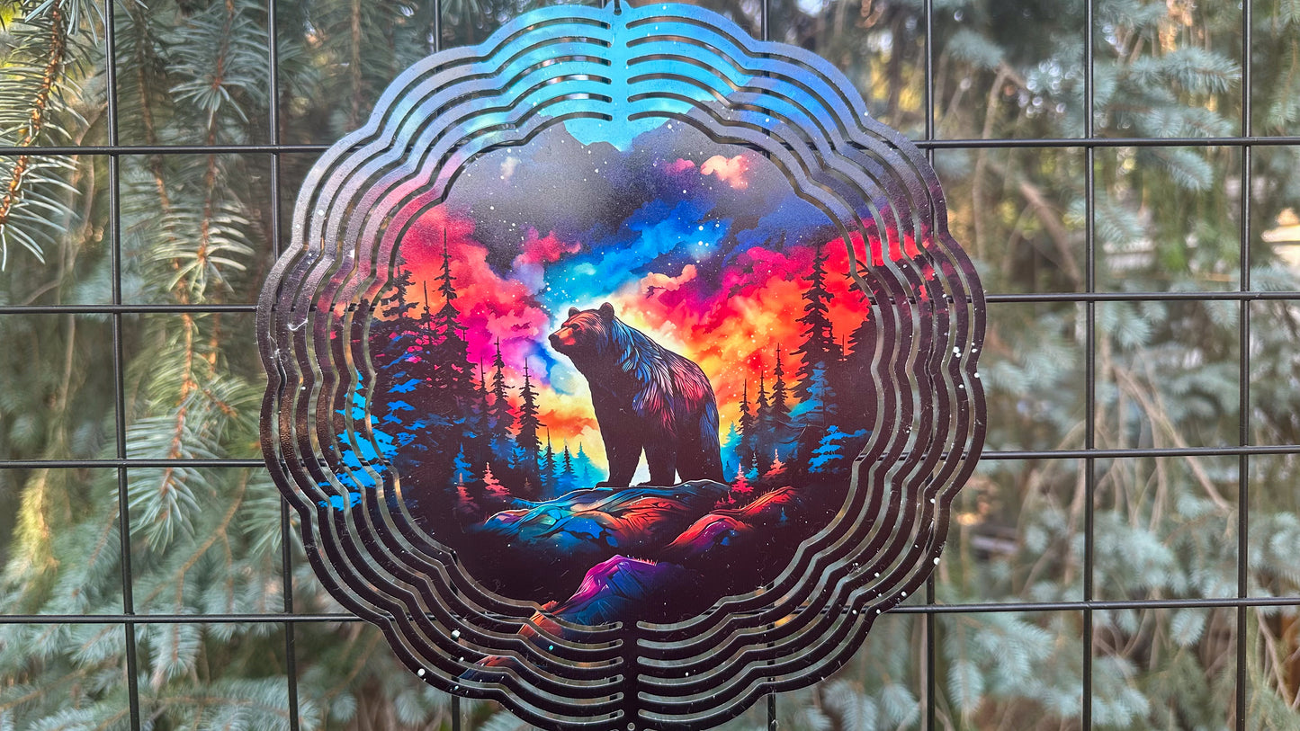 Bear In the Forest With Northern Lights Wind Spinner, 10' In 3D Wind Spinner