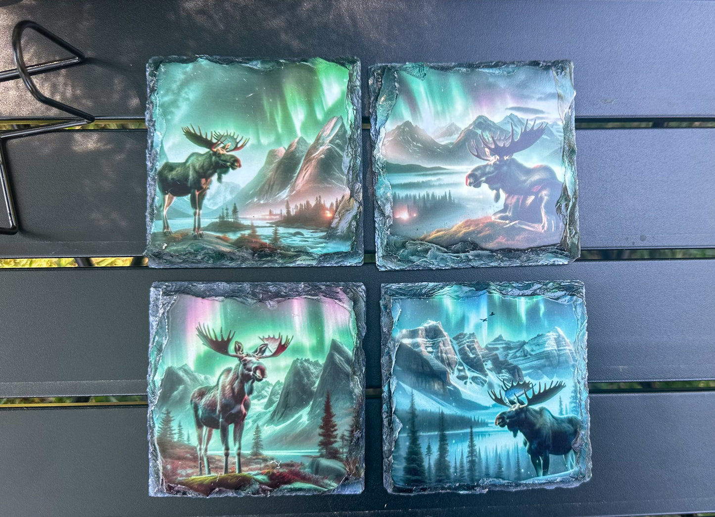 Moose Northern Lights Slate Coaster Set, Set of 4 Slate Coaster, Moose Lover Gift