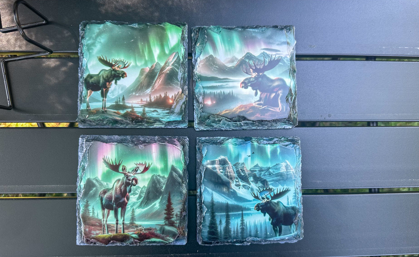 Moose Northern Lights Slate Coaster Set, Set of 4 Slate Coaster, Moose Lover Gift